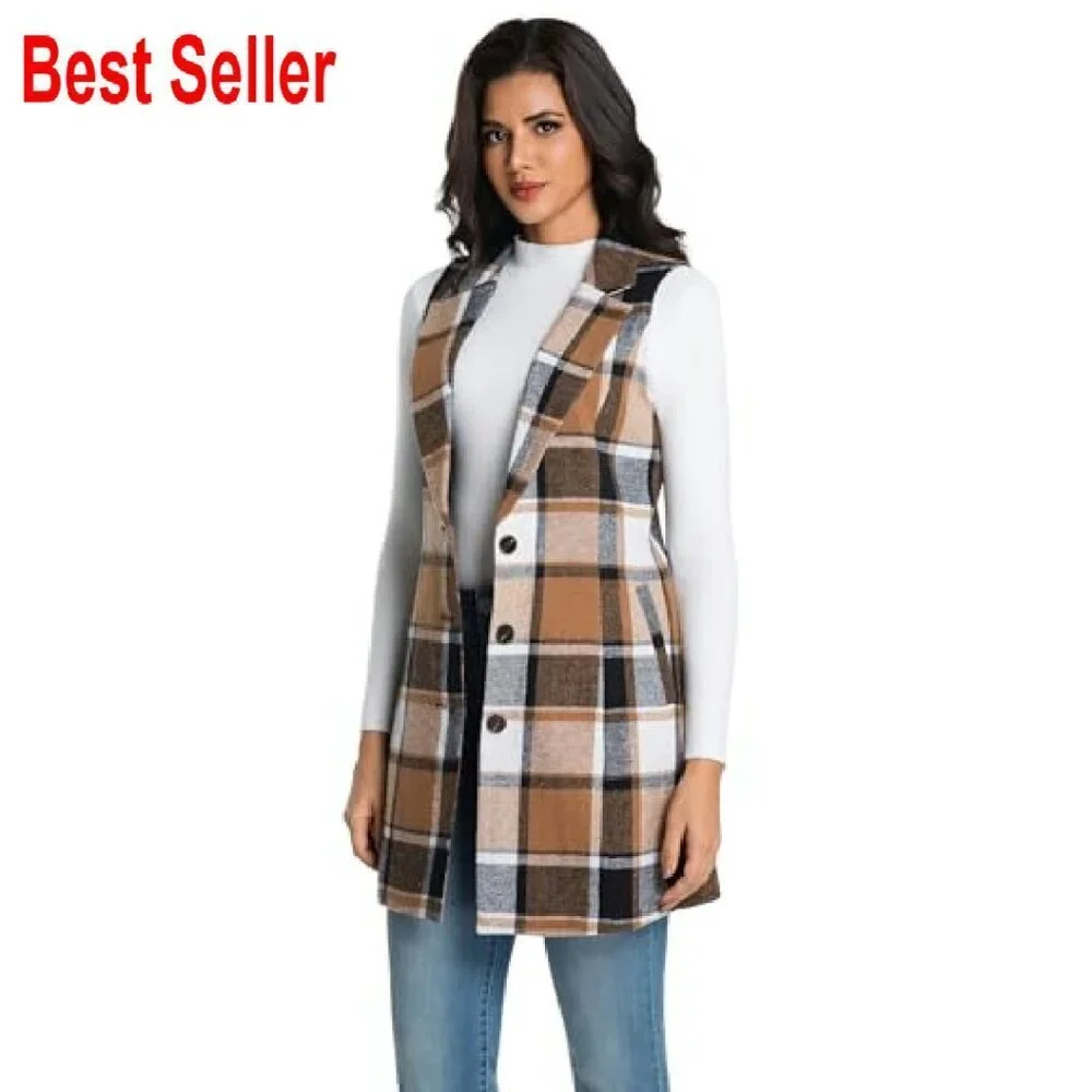 Long Wool Plaid Vest Sleeveless Blazer Trench Coat Classic Chic Fall Winter